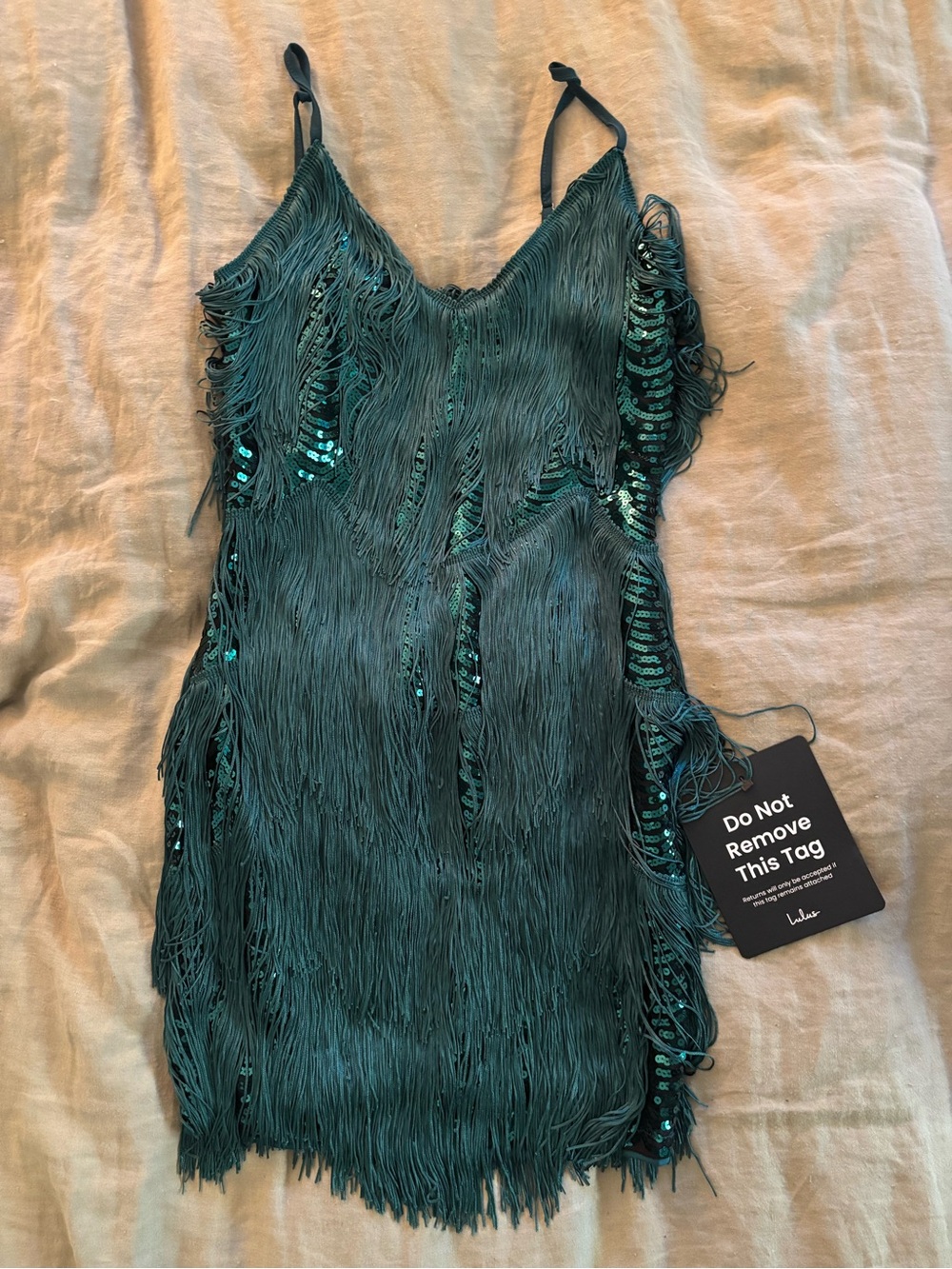 Lulu's Teal Fringe Satin Slip Dress